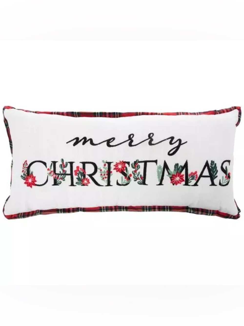 Merry Christmas Poinsettias Plaid Pillow